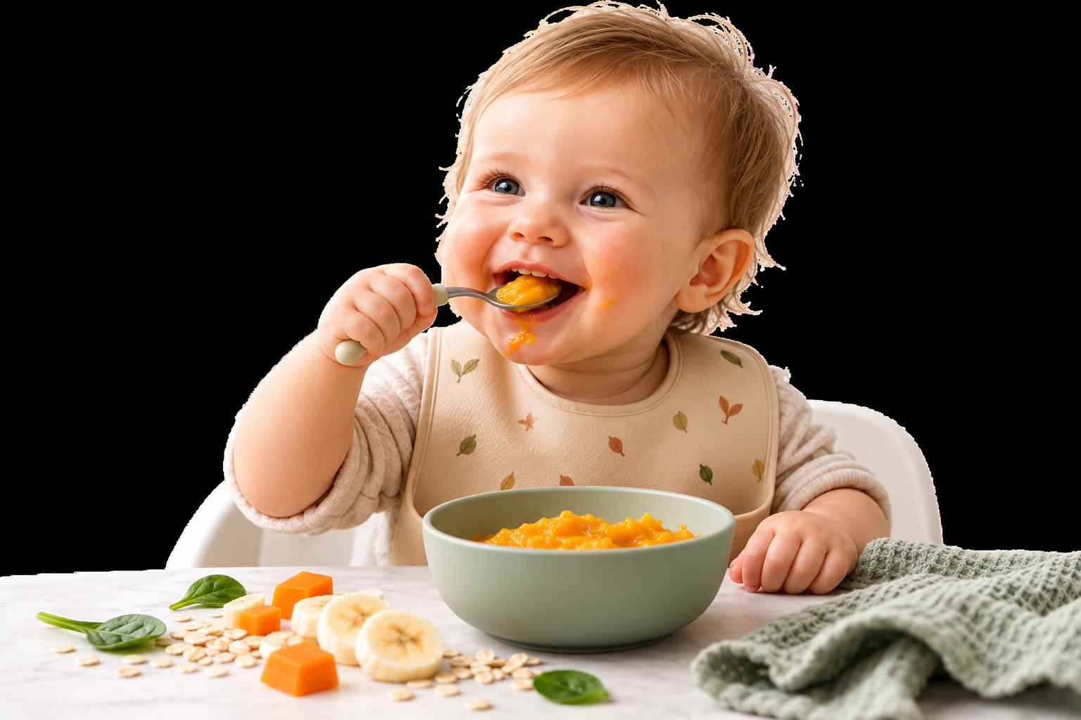 Baby die lachend een hapje eet